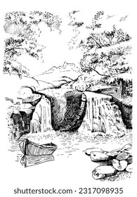 Panorama of countryside landscape with river and waterfall. Pen sketch converted to vector drawing