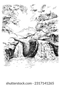 Panorama of countryside landscape with river and waterfall. Pen sketch converted to vector drawing