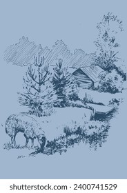 Panorama of countryside landscape with sheep. Pen sketch converted to vector drawing
