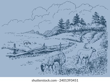 Panorama of countryside landscape with sheep. Pen sketch converted to vector drawing
