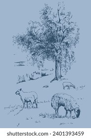 Panorama of countryside landscape with sheep. Pen sketch converted to vector drawing
