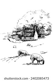 Panorama of countryside landscape with sheep. Pen sketch converted to vector drawing
