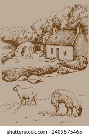 Panorama of countryside landscape with sheep. Pen sketch converted to vector drawing
