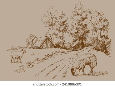 Panorama of countryside landscape with sheep. Pen sketch converted to vector drawing
