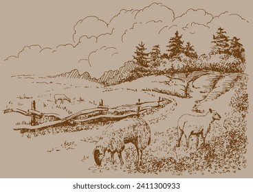 Panorama of countryside landscape with sheep. Pen sketch converted to vector drawing
