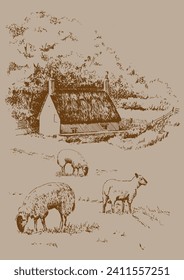 Panorama of countryside landscape with sheep. Pen sketch converted to vector drawing
