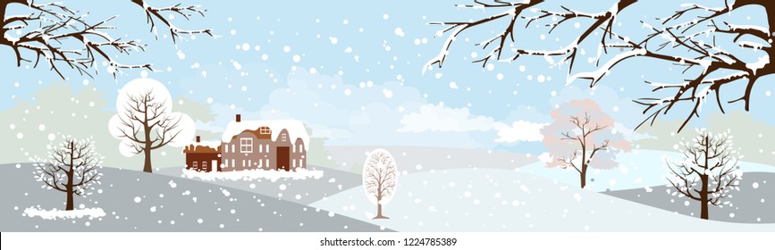 Panorama of Countryside landscape in winter,Holiday winter landscape on the day time with country house and snowy pine tree woods,Merry Christmas landscape background, Vector illustration