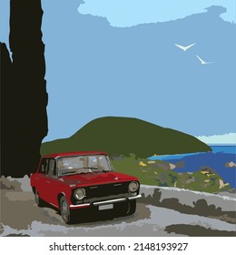 Panorama in the Crimea. Gurzuf. In the Crimea in the summer by car along the southern coast of the island. Vector