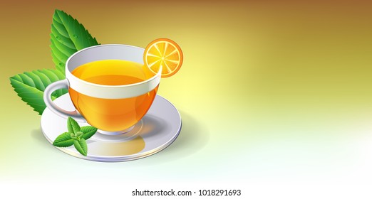 Panorama with Cup of tea and a natural green leaf. vector illustratiom.