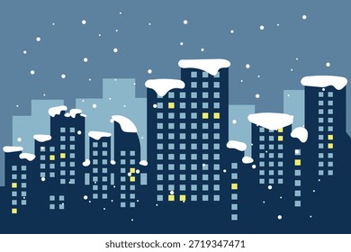 Panorama de uma cidade azul escura vetor ilustração silhueta plana sobre um fundo de luz de inverno nas janelas