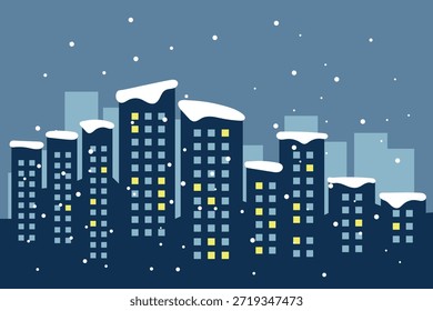 Panorama of a dark blue city vector illustration flat silhouette on a winter background light in the windows