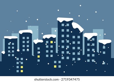 Panorama de una silueta plana de Ilustración vectorial de ciudad azul oscuro sobre un fondo de luz de nevada en las ventanas