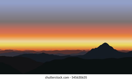 Panorama with dark silhouettes of hills and mountains and dramatic bright sunset sky - vector illustration