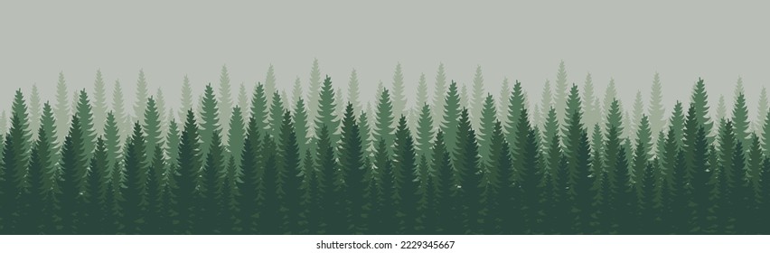 Panorama of dense forest, fir and pine natural green landscape, web background, template - Vector illustration