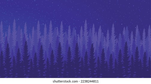 Panorama of dense night forest, fir and pine trees of natural green landscape, web background, template - Vector illustration