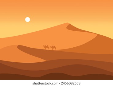 Panorama de desierto y camellos. Ilustración vectorial en estilo plano.