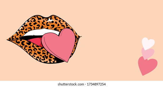 Diseño de panorama de los labios de una huella de leopardo con un corazón rojo sobre un fondo naranja banner web panorámico