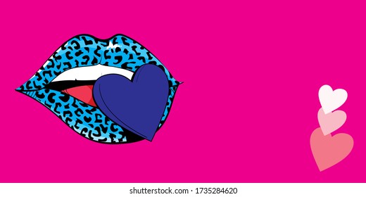 Panoramadesign einer leoparden Drucklippen mit blauem Herz auf rosa Hintergrund Panoramabildbanner