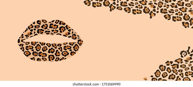 Panorama design of a leopard print lips on orange background panoramic web banner