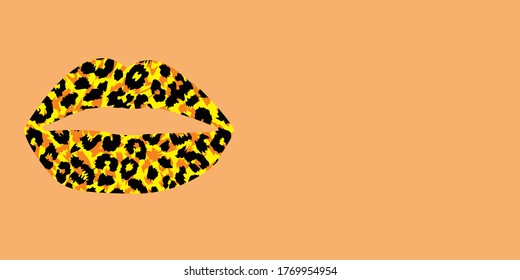 Panorama design of a leopard print lips on orange background panoramic web banner 