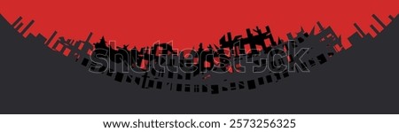 Panorama of a destroyed building with red sky. War destroyed the buildings of the city. Ruins vector illustration background.