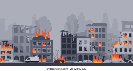 Panorama de uma cidade queimada destruída com edifícios em colapso e carros esmagados na rua: catástrofes, terremoto e conceito de guerra