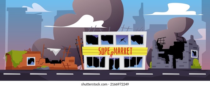 Panorama of destroyed city, consequences of war or natural disaster flat style, vector illustration. Ruined houses and supermarket by the road, broken windows, smoke