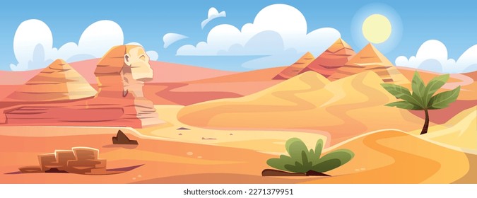 Panorama of Egyptian desert. Beautiful Sahara desert landscape with sand dunes, sun, Pyramids of Giza, Sphinx and tombs of pharaoh. Dry and hot African climate. Cartoon flat vector illustration