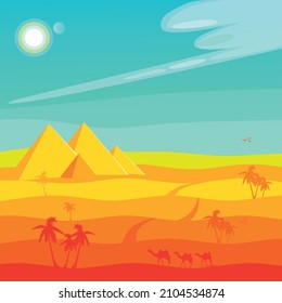 Panorama of the Egyptian pyramids at Giza. Feeling of midday heat. Stylized vector image in cartoon style. Roardtrip. Vacation.