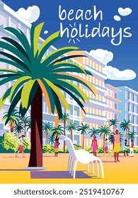 Panorama of the embankment of a seaside resort with a view of the hotels, palms, mountains in the background. Handmade drawing comic doodle vector illustration.