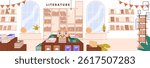 Panorama of empty public library with heaps of novels, stories. Interior of bookstore, bookshop. Store, shop with fiction literature, books on bookshelves, bookcases. Flat vector illustration