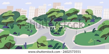 Panorama of empty urban park with trees, green lawns, benches, bike paths and street lights. City landscape, cityscape with buildings and nature. Summer outdoors in town. Flat vector illustration