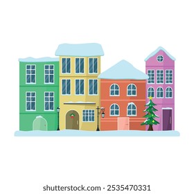 Panorama of European houses with snow on white background. Winter city. Concept for Christmas card.