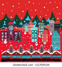 Panorama. Fairy houses on red, blue and green colors. Christmas village of Santa Claus. Vector illustration.