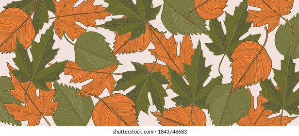 Panorama Fall Autumn Colorful Leaves Background vector. Autumn seasonal wallpaper design for prints, cover, Fabric, banner and wall arts. Vector illustration.
