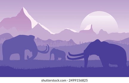 Panorama of a family mammoth in nature. Ancient animal. Prehistoric landscape. Vector