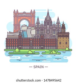 Panorama with famous historical Spanish sightseeing landmarks. Plaza Mayor of Madrid and Cathedral of Holy Cross and St Eulalia of Barcelona, Torre del Oro watchtower and Triumphal Arch. Architecture