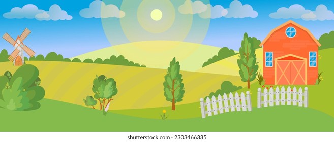Panorama with a farm. Agriculture. Background with beautiful sunny nature, fields, trees and farm buildings. Wind illustration.