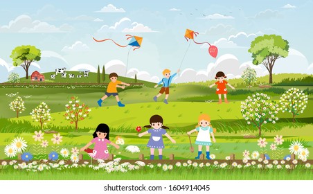 Panorama farm field with group of children playing kite, swing,balloon and planting flowers on sunny summer day, Vector Illustration Green nature landscape with active Boys and Girls playing in spring