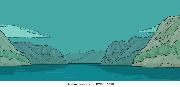 Panorama fjord in Norway. Hand drawn design element sailing ship. Vintage vector color engraving illustration for poster, label, postmark