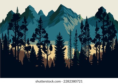 Panorama forest and mountains. Eco mountains. Eco forest. Vector illustration.