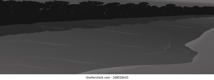 Panorama of forest and river. Vintage vector illustration