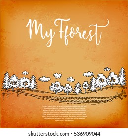 Panorama of forests background, gravure style sketch drawing, forest plantations of pine and fir trees, deciduous trees. Timberland.