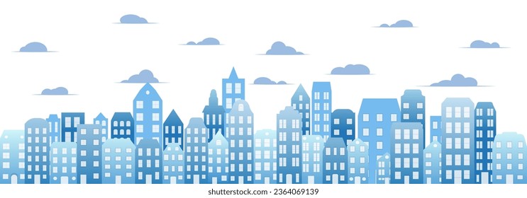 Panorama in frat style, header images for web. City buildings of business district. Vector illustration simple geometric Urban silhouette landscape. Abstract horizontal banner, background cityscape.