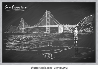 Panorama of The Golden Gate bridge and a lonely man walking down the beach. Sketch imitating chalk drawing on a blackboard. Sketch is isolated on a separate layer. EPS10 vector illustration.