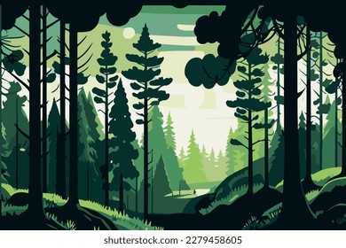 Panorama of green eco forest. Green ecological forest. Horizontal vector illustration.