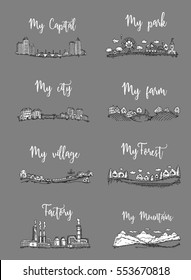 Panorama hand drawing, the capital city, an amusement park, farm, village, forest, field, plant, mountains, vacation home, villa, farm