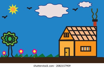 Panorama de una casa dibujada por la vista de un niño, hierba, árbol, sol, nubes, flores coloridas y la casa, con techo. pintura vectorial 