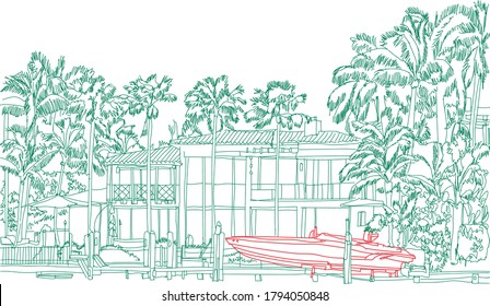 Panorama illustration. Hand drawn ink line sketch Miami South beach , Florida with buildings, palm trees, roofs in outline style perspective view. Postcards design.