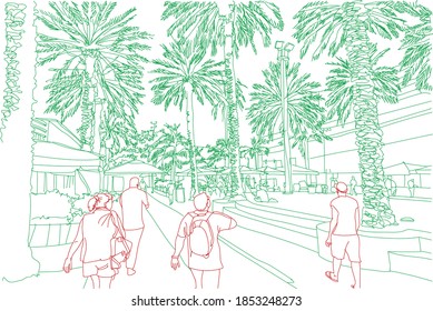 Panorama illustration. Hand drawn ink line sketch Miami South beach , Florida with buildings, palm trees, roofs in outline style perspective view. Postcards design.